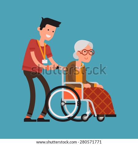 Modern vector design on senior woman in wheelchair with careful man | Young volunteer man caring for elderly woman | Adult man helping and supporting old aged female