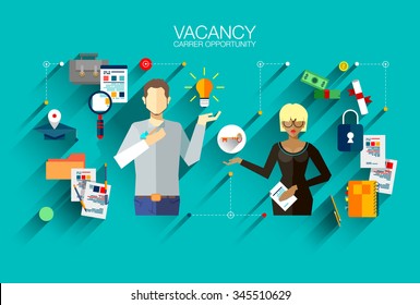 Modern vector design recruiting employees, job interview flat illustration concept. For website or infographics of business people career opportunity, human resource hiring best candidate. 