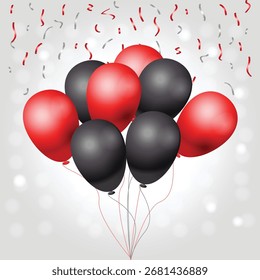 Design vetorial moderno com balões vermelhos e pretos brilhantes, fitas ondulantes e confetes cintilantes em um fundo festivo brilhante. Ideal para aniversários, eventos de clubes, festas de Ano Novo, convites de luxo,