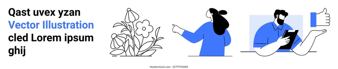 Modern vector design showing a woman pointing at flowers, a man using a tablet, and a thumbs-up symbol. Ideal for technology nature interaction simplicity and communication. Banner for landing page