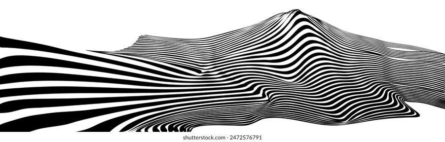 Diseño de Vector moderno de paisaje de montaña estilizado monocromo con geométrico rayado. Fondo de Vector de concepto metaverso para arte de la pared, panel, cartel, Anuncio de Web, App móviles, decoración interior. 