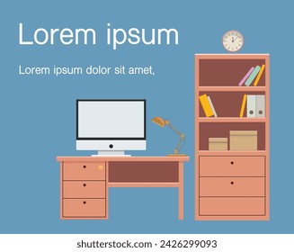 Modern vector desktop: cozy workplace on a blue background. Ideal for visualizing office scenes, presentations and design projects. Add your own text and create a unique atmosphere of productivity