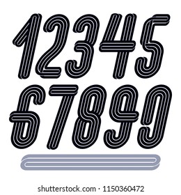 Modern vector digits, funky tall decorative numerals collection made with parallel lines. For use as poster design elements for anniversary and birthday greeting.