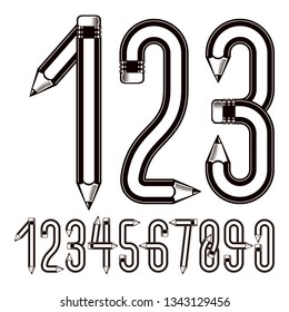 Modern vector digits, trendy numerals collection made using office supplies design, wooden pencils. Can be used in poster design as magazine advertising.