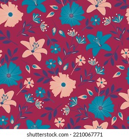 Modernes, blumengeschmücktes Muster aus Lilie, Kosmos und Blättern. Blühende Blumen und Blätter Illustration. Folien, wiederholt strukturierter Hintergrund für den Textil- und Oberflächendruck