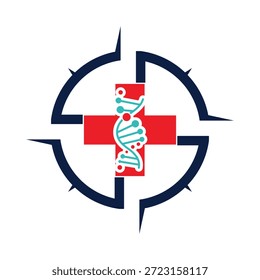 Un emblema de Vector moderno que fusiona una cruz médica roja, una hélice de ADN y una brújula de objetivo para simbolizar la innovación en el diagnóstico genético y la atención médica de precisión.