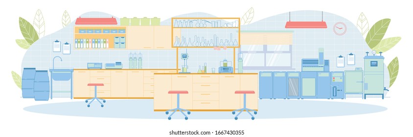 Modern Vector Environmental Analytical Laboratory Empty Interior with Wall Mounted Furniture, Funnel, Evaporator, Elemental Analyzer, Octanometer, Concentration Meter, Spectrophotometer, Glassware