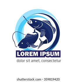 Modern vector fishing logo. Logo for fisherman. fish on a fishing hook illustration. fish on the rod illustration.