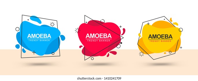Modern vector flat banners with black outline in memphis design style. Ready isolated banner templates for ad, social networks, web, marketing, posters and for printing in typography.