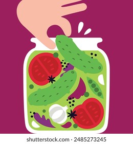 Tarjeta plana de Vector moderno con la mano que llega al frasco de pepinillos con pepino, tomate, hojas de lechuga, guisantes verdes, ajo, sal, especias, dientes. Ilustración sabrosa de comida saludable