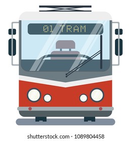 Modern vector flat cartoon illustration of front side of stylized tram.