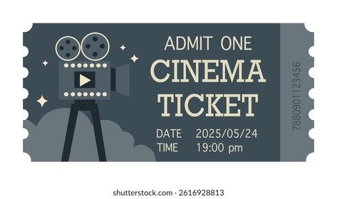 Modern vector flat cinema ticket with date and time in dark palette, simple style