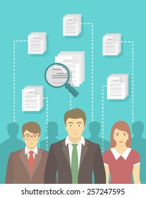 Modern vector flat conceptual illustration of human resources management, searching for perfect staff, analyzing resume, head hunting concept. Man in business suit in front of other candidates