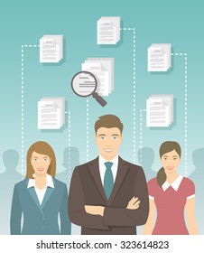 Modern vector flat conceptual illustration of human resources management, searching for perfect staff, analyzing resume, head hunting concept. Man in business suit in front of other candidates