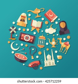 Modern vector flat design circle composition with icons of islamic holiday, culture. Muslim male, female, camel, cannon, mosque, prayer beads, prayer book, lamp, drum
