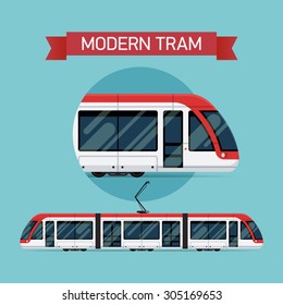 Moderno tren de tranvía liviano de diseño plano vectorial| Partida de transporte público de la línea de tranvía urbana.  Ideal para el estilo de vida urbano, infografía de tránsito masivo, diseño gráfico y web