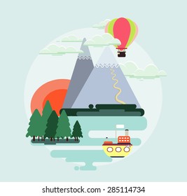 Modern vector flat design conceptual landscape illustration with mountains, ship, balloon