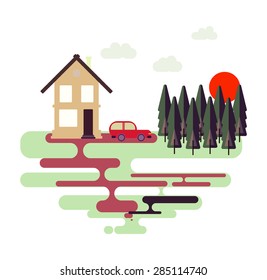 Modern vector flat design conceptual landscape illustration with car, forest, house