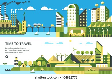 Modern vector flat design conceptual ecological illustration. Wind energy. Solar energy. 