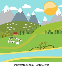Modern vector flat design conceptual natural landscape with cow and house. Environmentally friendly natural landscape.Vector illustration