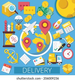 Modern Vector Flat Design Icons for Delivery Service or Logistics. Elements, Symbols, Ideas, Illustrations, Concepts. Equipment, Items, Objects. Isolated on Stylish Blue Background.