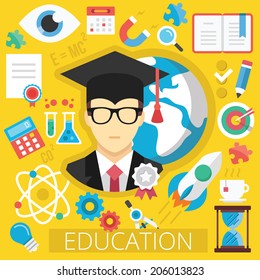 Modern Vector Flat Design Icons Illustration Concept for Education or E-Learning. Education Elements, Symbols, Ideas, Illustrations for Web Banners and Print Graphic. Isolated on Yellow Background.