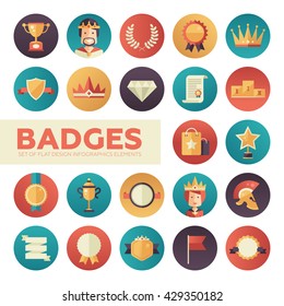 Modern Vector Flat Design Merit Awards Icons Set. Decorative Elements - Ribbon, Cup, Medal, Certificate, Badge, Crown Award, Laurel Wreath