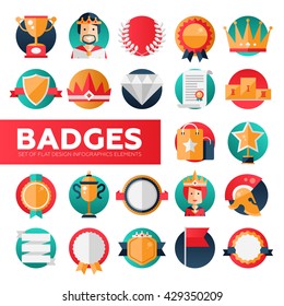 Modern Vector Flat Design Merit Awards Icons Set. Decorative Elements - Ribbon, Cup, Medal, Certificate, Badge, Crown, Laurels