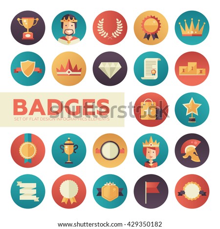 Modern vector flat design merit awards icons set. Decorative elements - ribbon, cup, medal, certificate, badge, crown award, laurel wreath