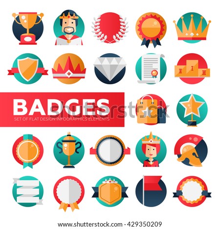 Modern vector flat design merit awards icons set. Decorative elements - ribbon, cup, medal, certificate, badge, crown, laurels