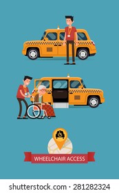 Modern vector flat design on wheelchair accessible city public transport with taxi, driver and disabled person | Cab driver assisting disabled senior woman to get into vehicle with wheelchair access 