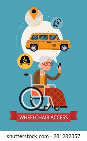 Modern vector flat design on senior woman using mobile device taxi service with wheelchair access application | Elderly female person using city public transport service mobile application