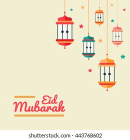 Modern vector flat design postcard with islamic lanterns, traditional greeting Eid Mubarak