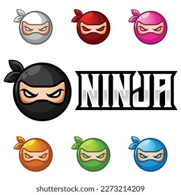 Modern vector flat design simple minimalist logo template of ninja head mascot character vector collection for brand, emblem, label, badge. Isolated on white background.