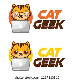 Modern vector flat design simple minimalist logo template of cat geek nerd smart mascot character vector collection for brand, emblem, label, badge. Isolated on white background.