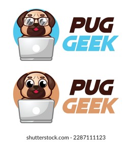 Modern vector flat design simple minimalist logo template of pug dog geek nerd smart mascot character vector collection for brand, emblem, label, badge. Isolated on white background.