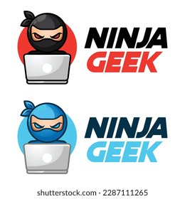 Modern vector flat design simple minimalist logo template of ninja geek nerd smart mascot character vector collection for brand, emblem, label, badge. Isolated on white background.