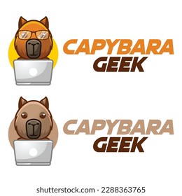 Modern vector flat design simple minimalist logo template of cute geek nerd capybara cartoon head vector for brand, emblem, label, badge. Isolated on white background.