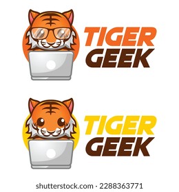 Modern vector flat design simple minimalist logo template of cute geek nerd tiger cartoon head vector for brand, emblem, label, badge. Isolated on white background.