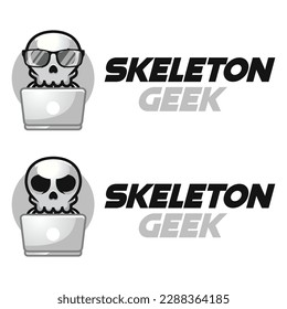 Modern vector flat design simple minimalist logo template of cute geek nerd skull skeleton cartoon head vector for brand, emblem, label, badge. Isolated on white background.