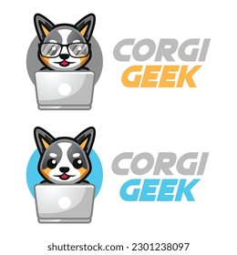 Modern vector flat design simple minimalist logo template of corgi dog geek nerd smart mascot character vector collection for brand, emblem, label, badge. Isolated on white background.