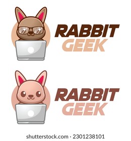 Modern vector flat design simple minimalist logo template of rabbit bunny geek nerd smart mascot character vector collection for brand, emblem, label, badge. Isolated on white background.