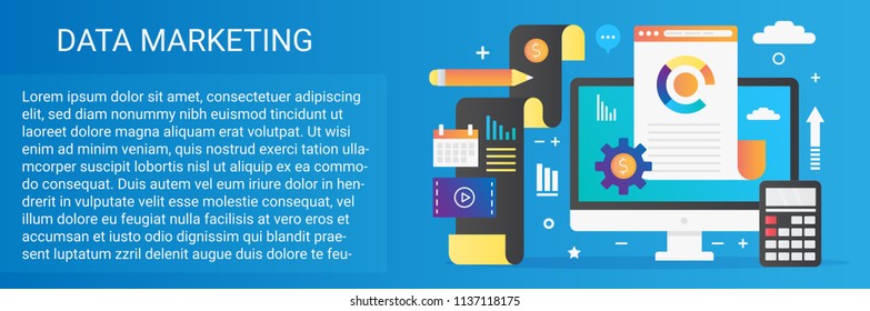 Modern vector flat gradient Data marketing concept template banner with icons and text.