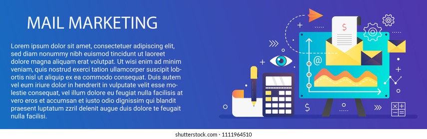 Modern vector flat gradient Mail marketing concept template banner with icons and text.