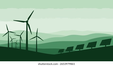 Moderna ilustração de paisagem verde plana vetorial com silhuetas de turbina eólica, matriz de painéis solares, colinas de sábio e hortelã em camadas e céu pastel pálido para energia limpa e temas ecológicos