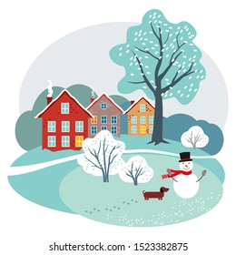 Modern vector flat illustration of Christmas town. Vector winter landscape. Illustration of town, houses, snowman, dog, forest, tree, snowdrifts, bush, snow. Beautiful Christmas card in cartoon style.