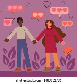 Moderna ilustración plana vectorial de una pareja enamorada. Un hombre y una mujer se toman de la mano. Amor entre un hombre y una mujer. tarjeta de felicitación del día de San Valentín.