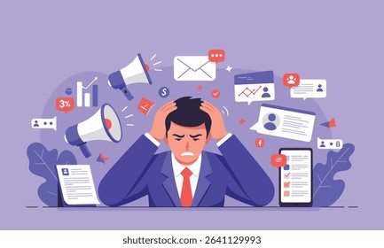 Modern vector flat illustration depicting a man overwhelmed by multiple alerts, social media icons, analytics charts, and messages. Symbol of productivity problems and technology burnout.