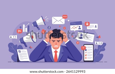 Modern vector flat illustration depicting a man overwhelmed by multiple alerts, social media icons, analytics charts, and messages. Symbol of productivity problems and technology burnout.