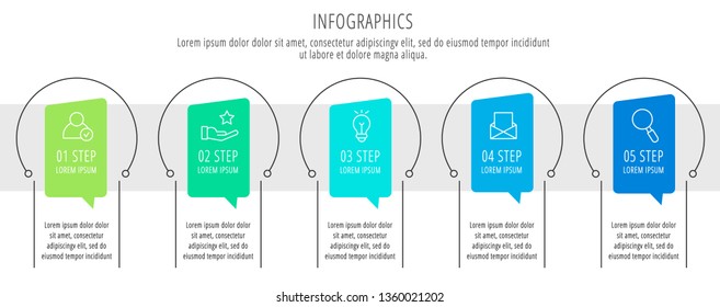 Modern vector flat illustration. Infographic circles template with five elements, shapes, icons. Timeline designed for business, presentations, web design, interface, education, diagrams with 5 steps